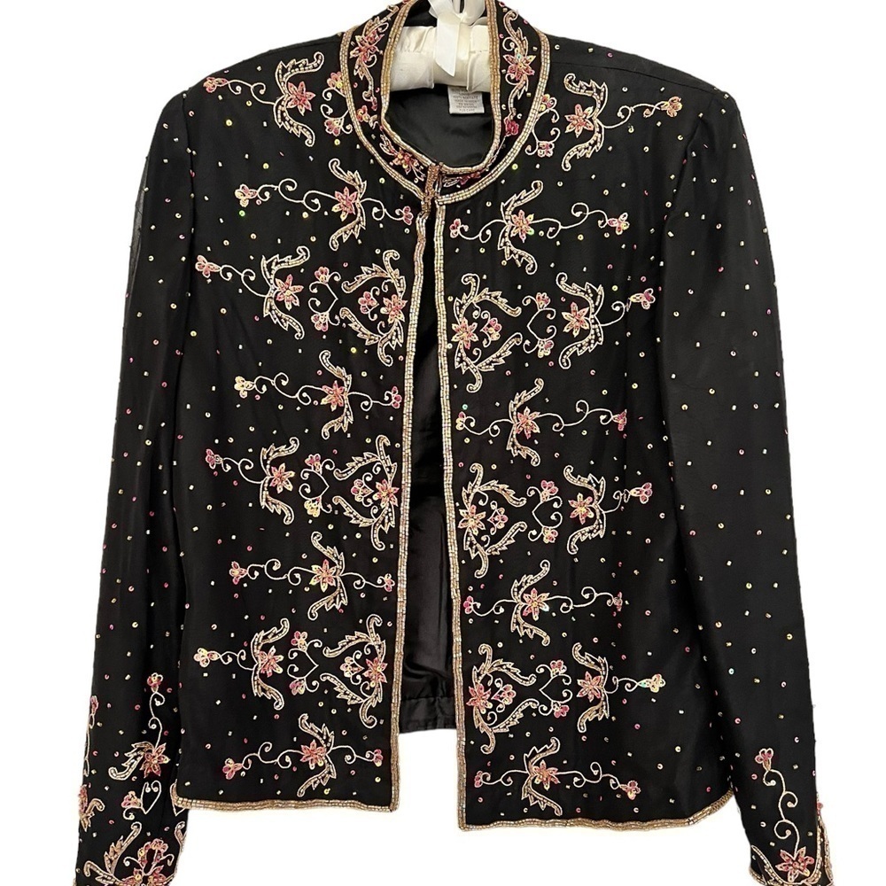 Draper’s and Damon’s Vintage Black Jacket Top Pink Gold Beading Size 8P Wedding
